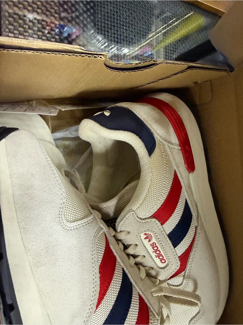 adidas Men’s Cream Sneakers with Red & Navy Stripes